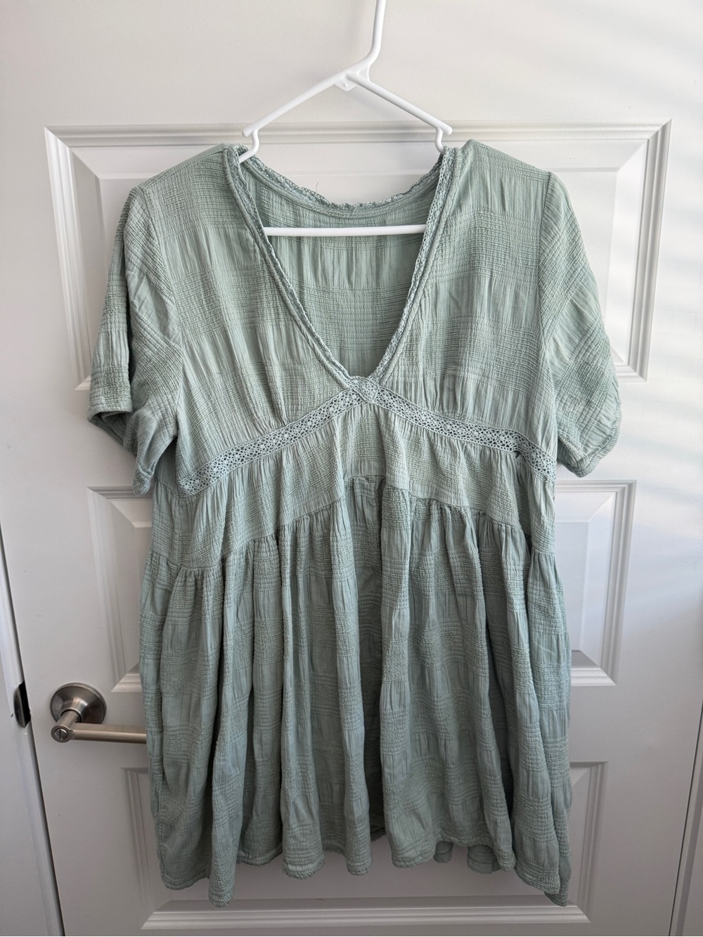 Babydoll Sage Green Gauze Mini Dress Cottagecore Boho Tiered Short Sleeve